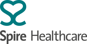 Teal heart-shaped logo above gray text reading "Spire Healthcare" on a white background.