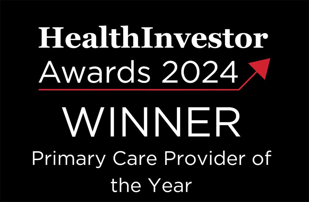 Award graphic features text: "HealthInvestor Awards 2024 WINNER Primary Care Provider of the Year" on a black background, with a red arrow above "WINNER," symbolizing achievement.
