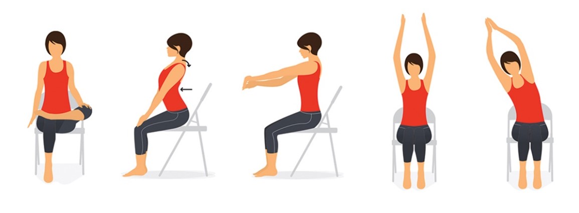 Graphic of a person in a red shirt performing various seated stretching exercises, demonstrating different poses with arms and legs..