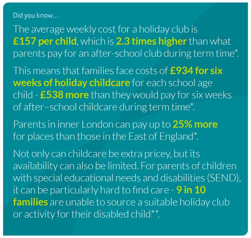 Text describing childcare costs against government support on a blue background. Key figures include weekly childcare cost of £307 per child, tax-free childcare offering up to £500 every three months, and reference to 62% of parents struggling.