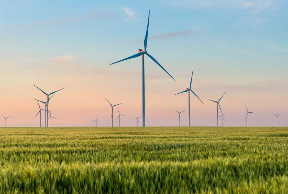 Wind turbines rotate in a vast green field under a pastel coloured sky during sunset, capturing renewable energy in a serene landscape.