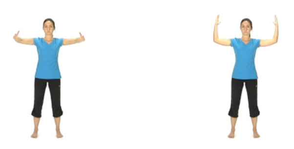 A person performs an arm exercise, standing with feet apart. Left image: arms bent at waist level. Right image: arms bent upward at shoulder height. Both images are on a plain background.
