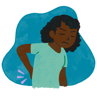 A person holds their lower back with one hand, grimacing, indicating pain. The individual wears a light blue shirt against a solid blue background, with purple lines emphasizing the discomfort.