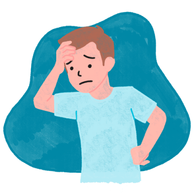 A person in a light blue shirt holds their forehead with a worried expression against a blue abstract background.