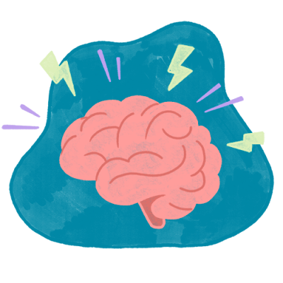 A cartoon brain emits colorful lightning bolts, representing activity or creativity, set against a blue abstract background.