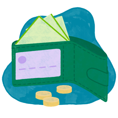 A green wallet opens, revealing cash and a card with three horizontal lines. Three coins lie beside it on a blue background.