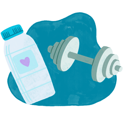 A water bottle with a heart symbol and a gray dumbbell are placed on a blue background, suggesting a theme of fitness and hydration.