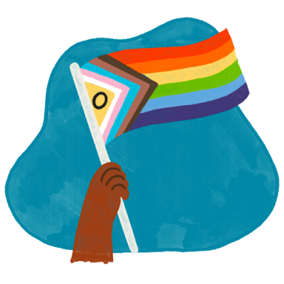 A hand holds up a Progress Pride flag, featuring rainbow stripes and additional inclusivity colors, set against a blue background.