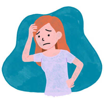 A worried cartoon woman holds her forehead with one hand, wearing a light purple shirt. She stands against a solid teal background, appearing distressed or concerned.