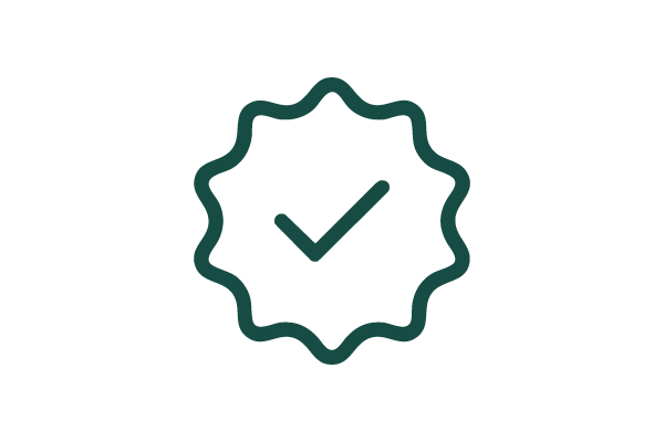 An outlined icon of a checkmark inside a scalloped-edged circle suggests approval or certification. The design is in dark green against a white background.