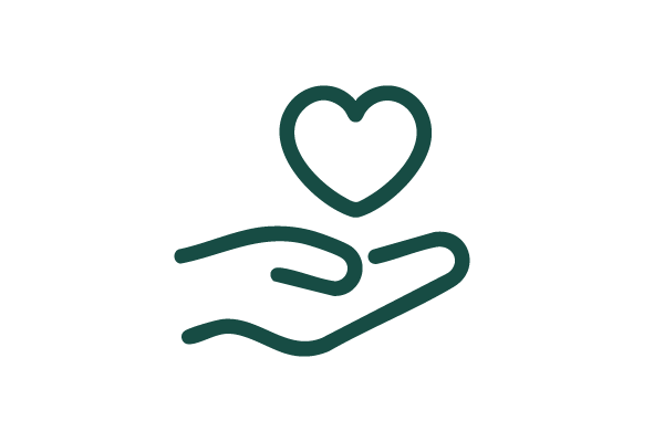 An outlined icon of a simple line drawing features an open hand with a heart shape hovering above, symbolising care and support. The design is in dark green against a white background.