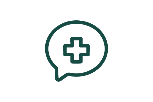 A dark green speech bubble contains a medical cross symbol in its center, set against a plain white background.