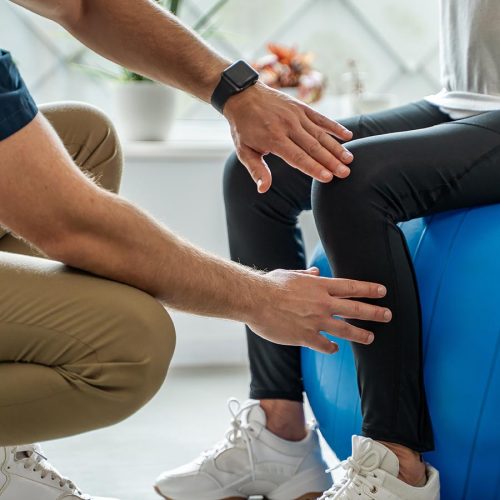 A healthcare professional assesses a seated person's knee, with hands positioned near it. The person sits on a blue exercise ball, and indoor plants are visible in the background.
