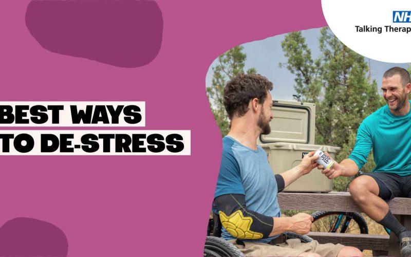 Purple-pink background, with bold black text saying 'best ways to de-stress' and an image of two men resting from their bike ride passing a can of beer.