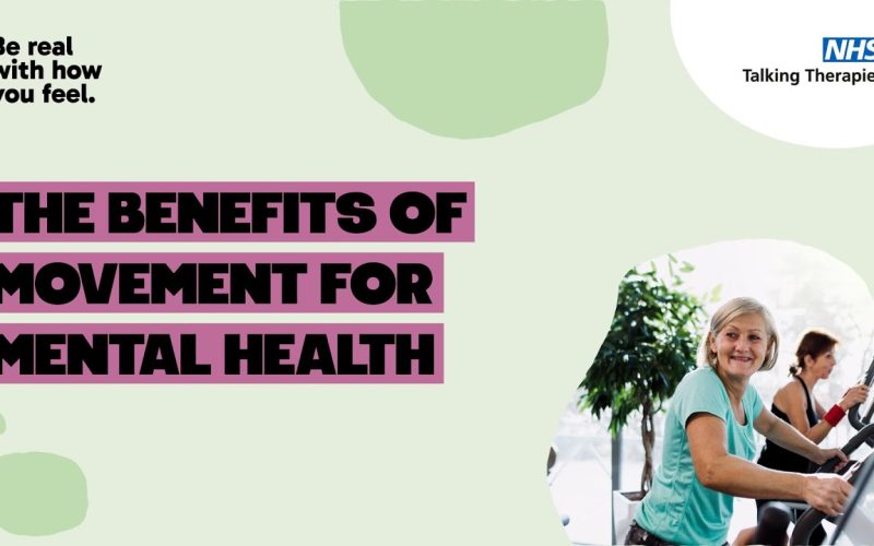 Light green background, with bold black text saying 'the benefits of movement for mental health' and an image of a 60+ blonde woman on an exercise bike.