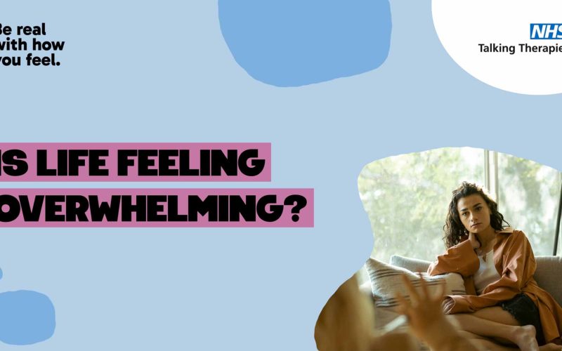Light blue background, with bold black text saying 'is life feeling overwhelming' and an image of a young brunette woman sat on a sofa looking tired and deflated.