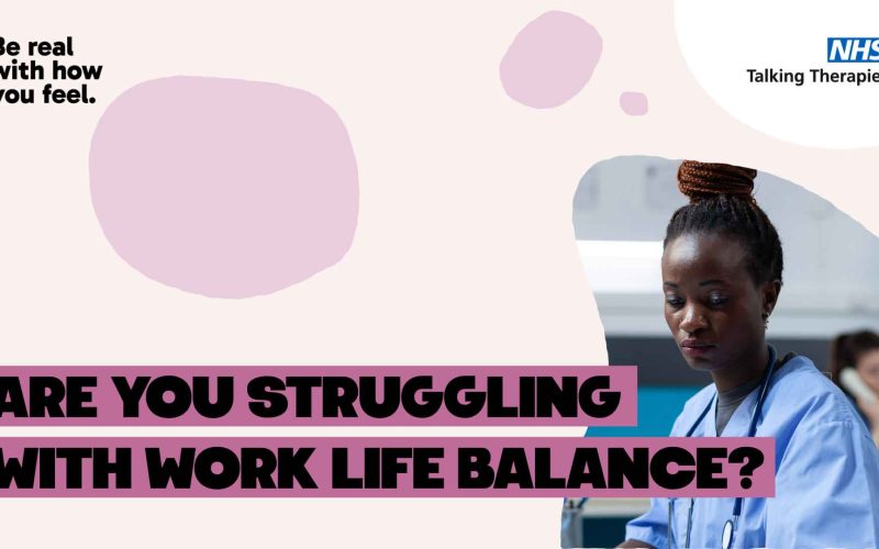 Light pink background, with bold black text saying 'are you struggling with work life balance' and an image of a middle aged black woman in a nurses uniform looking tired and deflated.