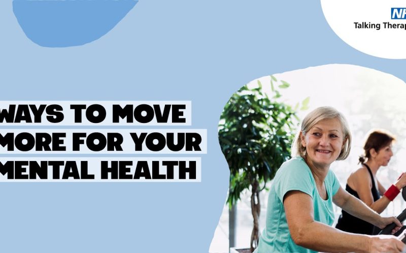 Light blue background, with bold black text saying 'ways to move more for you mental health' and an image of a 60+ blonde woman on an exercise bike.